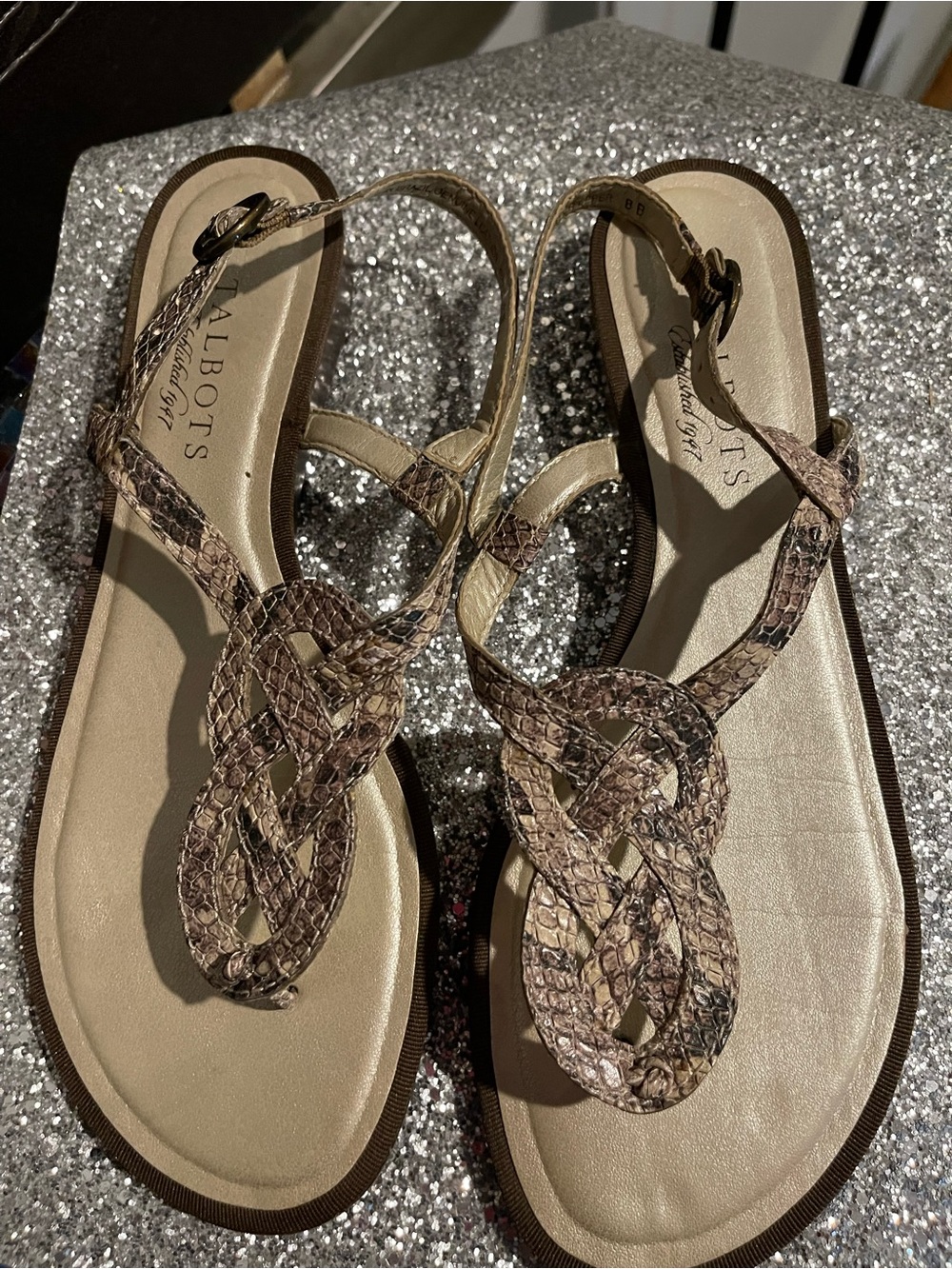 Talbots Brown Snake-Print Braided Slingback Sandals